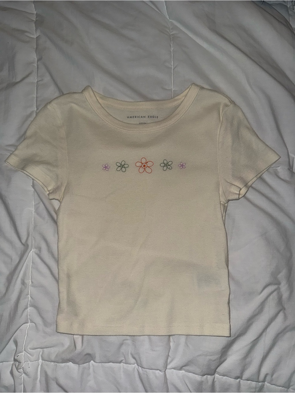 American Eagle Outfitters Cream Short Sleeve Tee with Embroidered Flowers